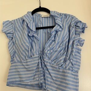 Sandro Blue and White Ruffled Cap Sleeve Blouse